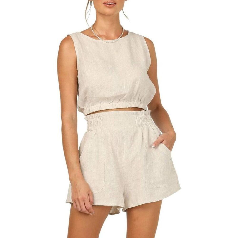 Women's Two-Piece Summer Outfit Cropped Tank & High Waist Shorts - Beige S